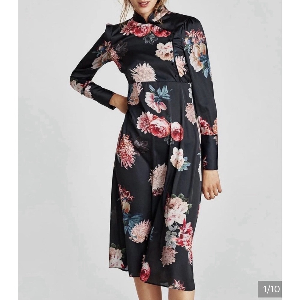 Zara Women Asian Inspired Maxi Dress L Black Floral Blogger Fav Mandarin *read